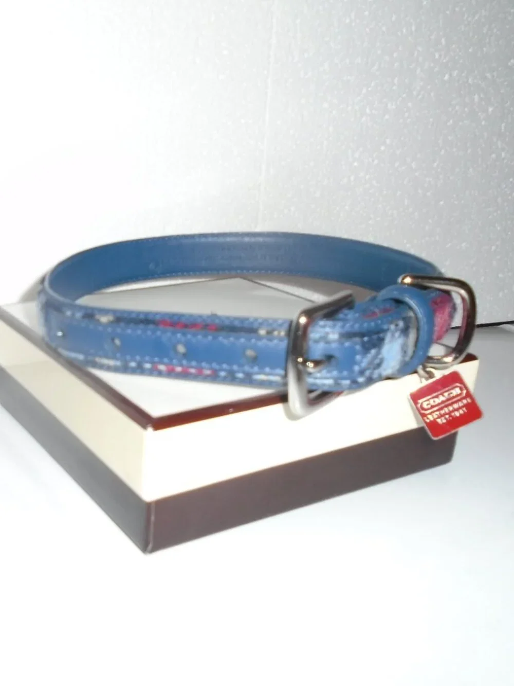 NEW VINTAGE Y2K BLUE LEATHER PLAID WOOL COACH DOG PET COLLAR 8892 SIZE MEDIUM